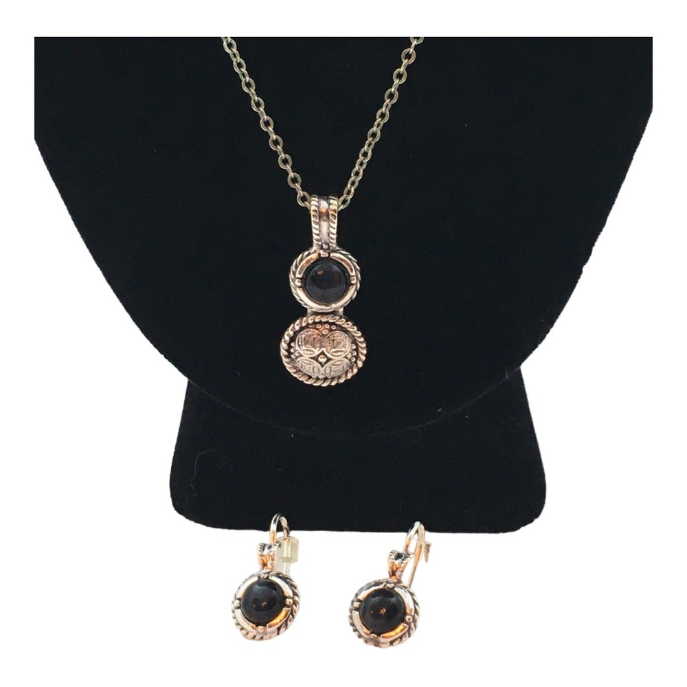 Vintage Necklace and Earrings Silver Tone and Black Pendant Necklace
